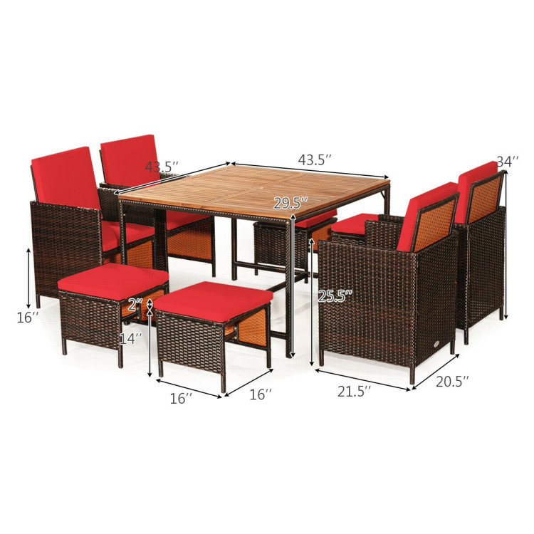 9 Pieces Patio Rattan Dining Cushioned Chairs Set-RedCostway Gallery View 4 of 11
