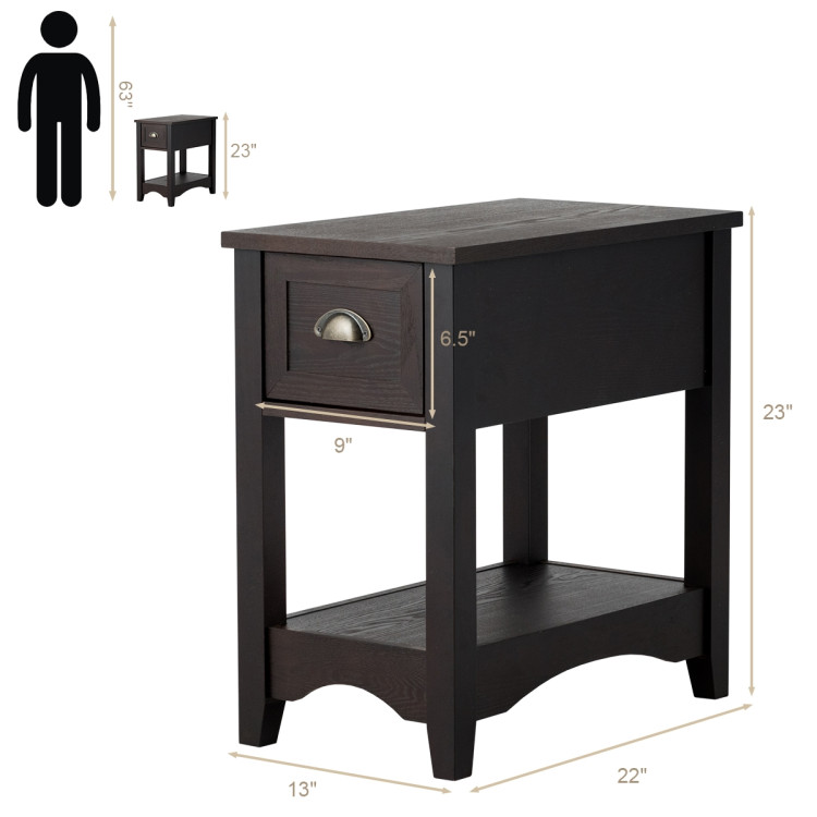 2 Pieces Retro Narrow Tiered End Table with Drawer and Storing Shelf-BrownCostway Gallery View 4 of 10