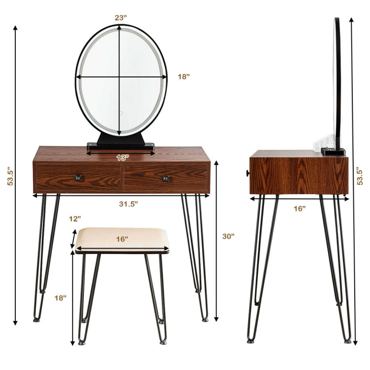 Industrial Makeup Dressing Table with 3 Lighting Modes-WalnutCostway Gallery View 5 of 13