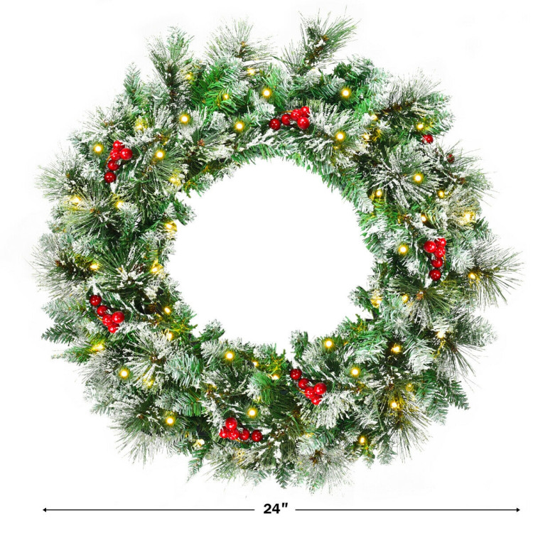 24-Inch Pre-lit Flocked Christmas Spruce Wreath with LED LightsCostway Gallery View 4 of 10