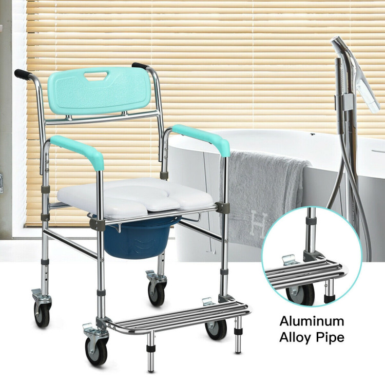 Aluminum Medical Transport Commode Wheelchair Shower Chair-TurquoiseCostway Gallery View 9 of 11