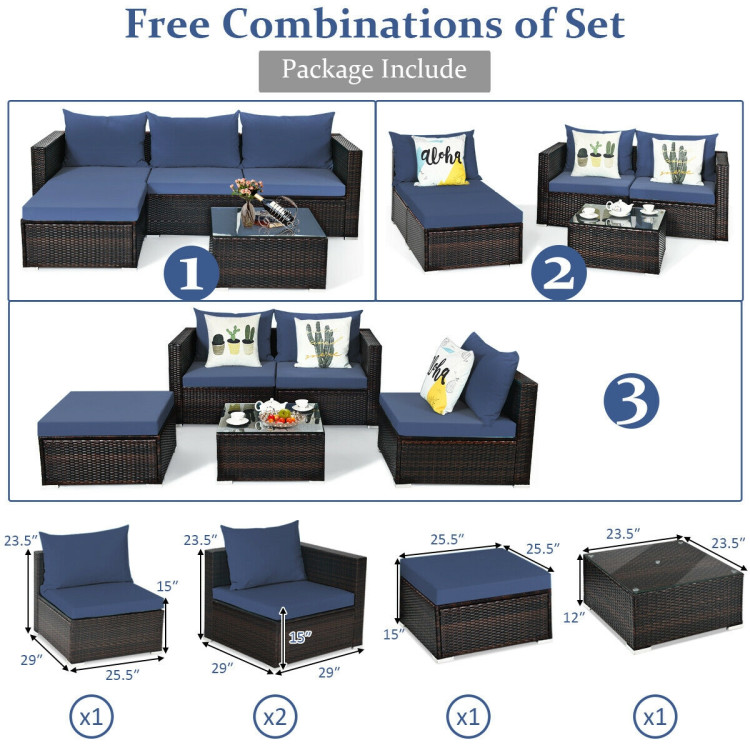 5 Pieces Patio Rattan Sectional Furniture Set with Cushions and Coffee Table -NavyCostway Gallery View 5 of 12