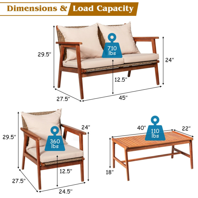 4 Pieces Acacia Wood Patio Rattan Furniture Set with Zippered Cushions - Gallery View 5 of 9