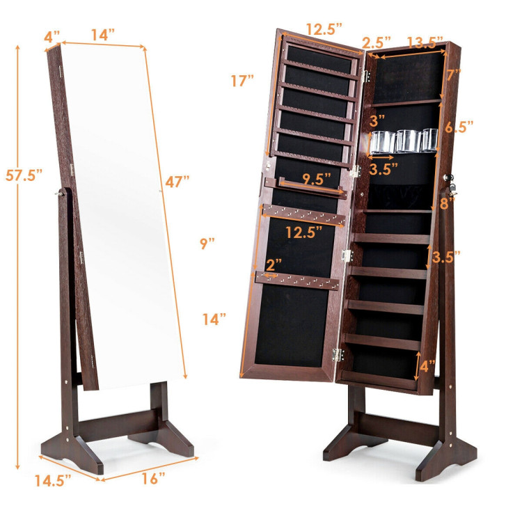 Standing Jewelry Armoire Cabinet with Full Length Mirror-BrownCostway Gallery View 6 of 11