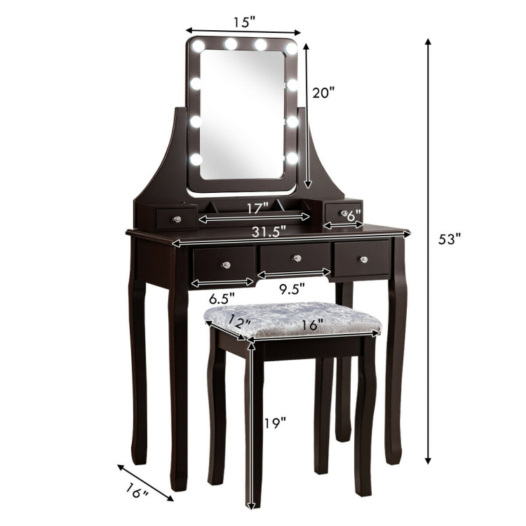 Vanity Dressing Table Set with 10 Dimmable Bulbs and Cushioned Stool-BrownCostway Gallery View 4 of 12