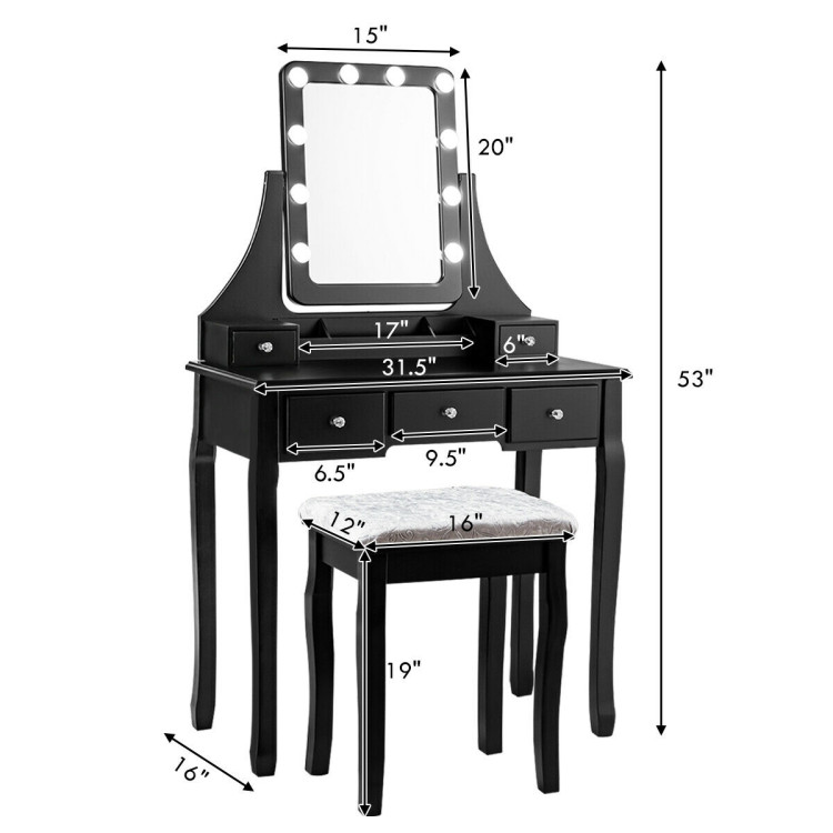 Vanity Dressing Table Set with 10 Dimmable Bulbs and Cushioned Stool-BlackCostway Gallery View 4 of 11