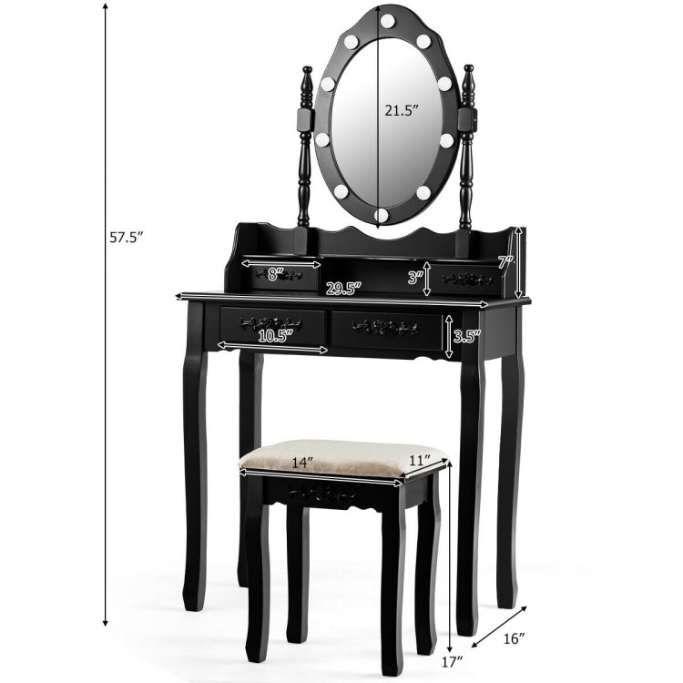 Makeup Vanity Dressing Table Set with Dimmable Bulbs Cushioned Stool-BlackCostway Gallery View 4 of 12