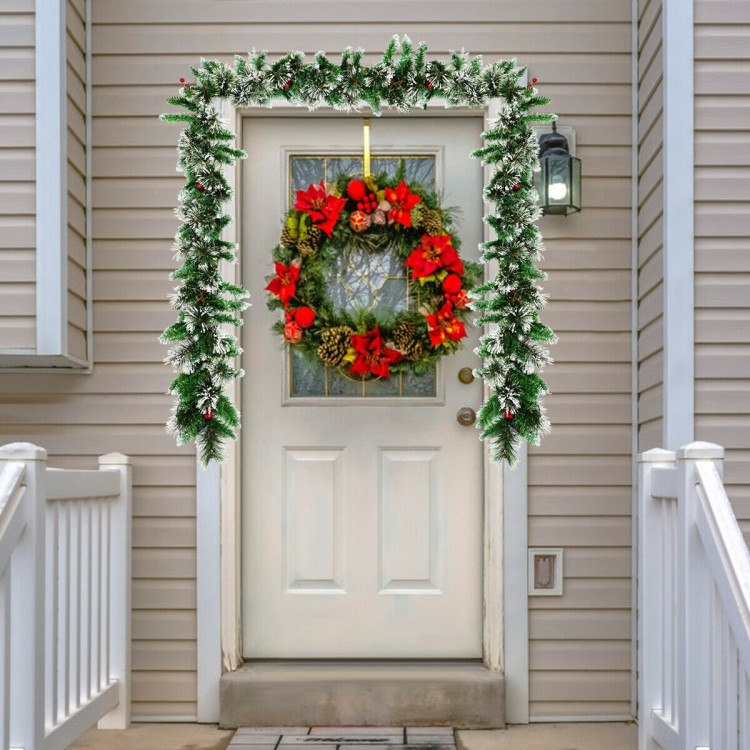 9 Feet Pre-lit Snow Flocked Tips Christmas Garland with Red BerriesCostway Gallery View 5 of 10