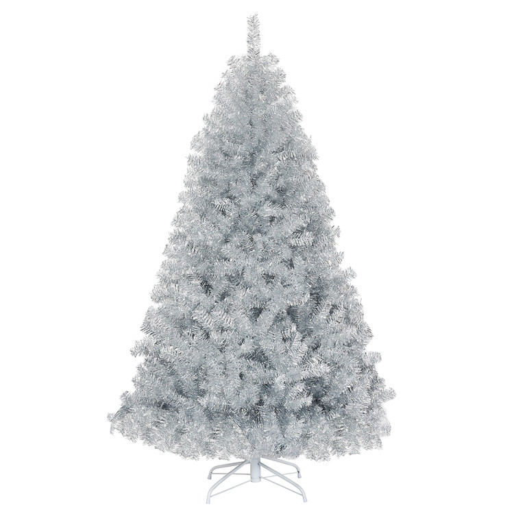 6 Feet Hinged Unlit Artificial Silver Tinsel Christmas Tree with Metal StandCostway Gallery View 1 of 10