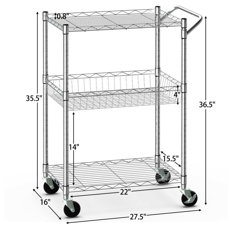 3-Tier Rolling Utility Cart with Handle Bar and Adjustable ShelvesCostway Gallery View 8 of 12