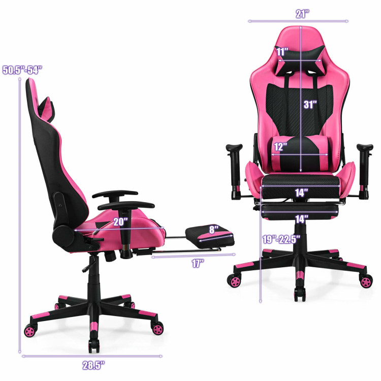 PU Leather Gaming Chair with USB Massage Lumbar Pillow and Footrest -PinkCostway Gallery View 4 of 12