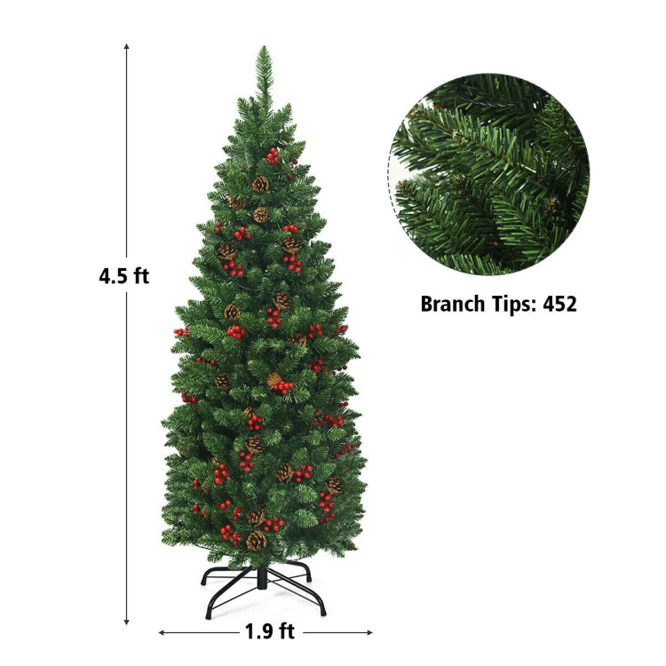 4.5 Feet Pre-lit Hinged Pencil Christmas Tree with Pine Cones Red Berries and 150 LightsCostway Gallery View 4 of 12