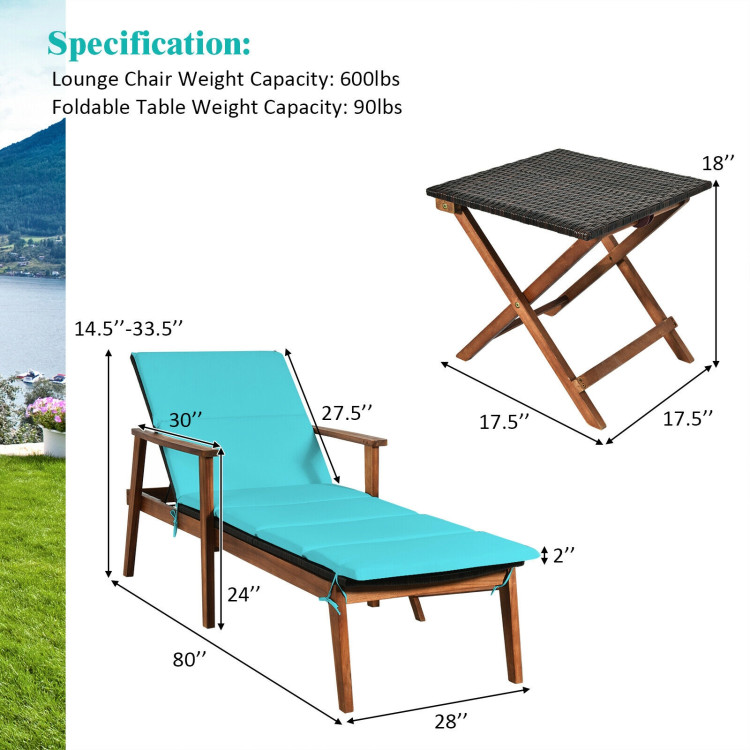 3 Pieces Portable Patio Cushioned Rattan Lounge Chair Set with Folding Table-TurquoiseCostway Gallery View 4 of 12