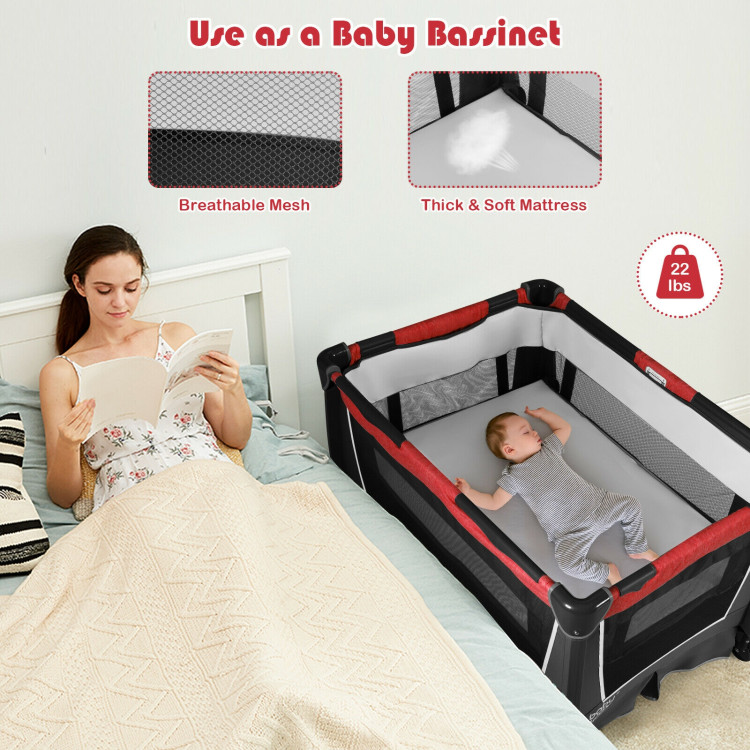 4-in-1 Convertible Portable Baby Play yard with Toys and Music Player-RedCostway Gallery View 3 of 12