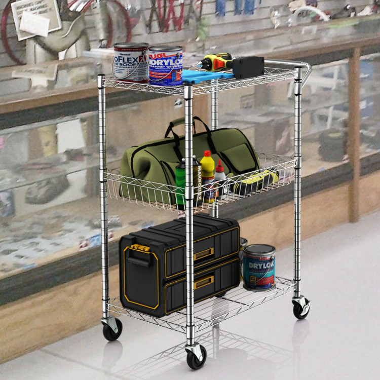 3-Tier Rolling Utility Cart with Handle Bar and Adjustable ShelvesCostway Gallery View 4 of 12