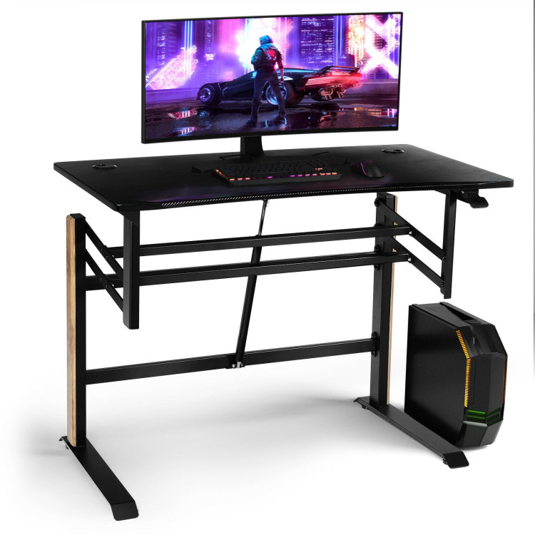Pneumatic Height Adjustable Gaming Desk T Shaped Game Station with Power Strip Tray-BlackCostway Gallery View 5 of 12
