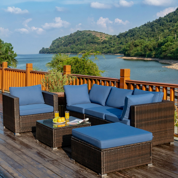 6 Pcs Patio Rattan Furniture Set with Sectional Cushion-BlueCostway Gallery View 9 of 15