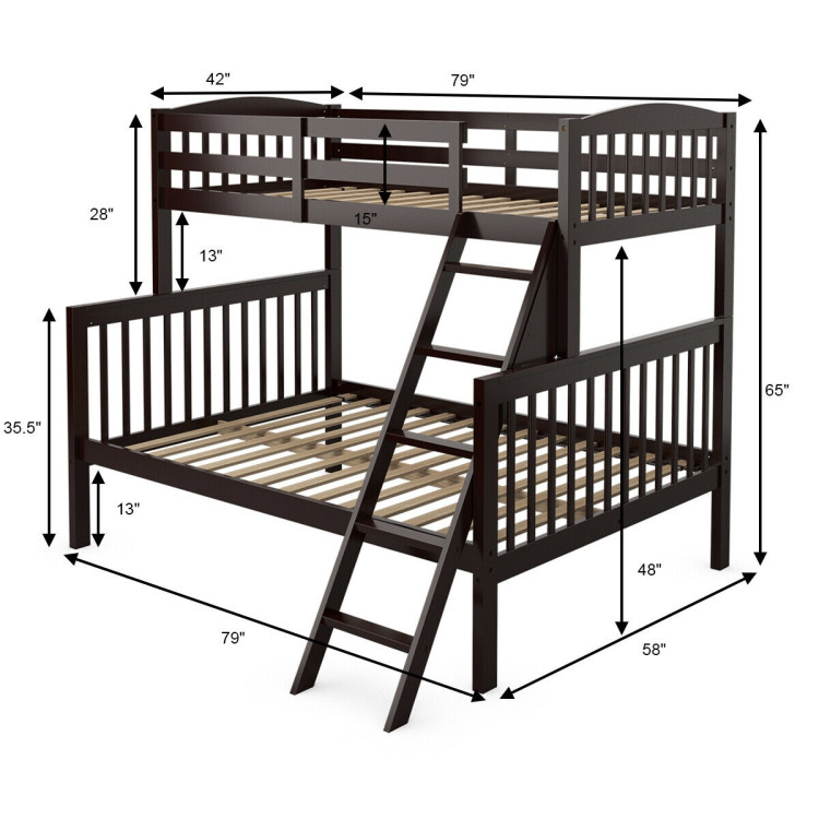 Twin over Full Bunk Bed Rubber Wood Convertible with Ladder Guardrail-EspressoCostway Gallery View 4 of 12