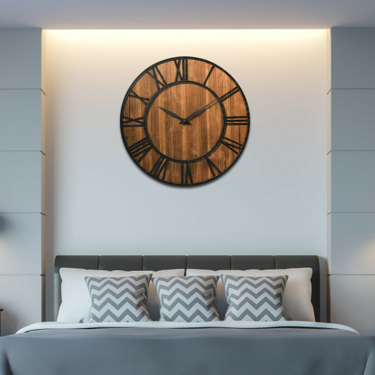 30 Inch Round Wall Clock Decorative Wooden Silent Clock with BatteryCostway Gallery View 7 of 13