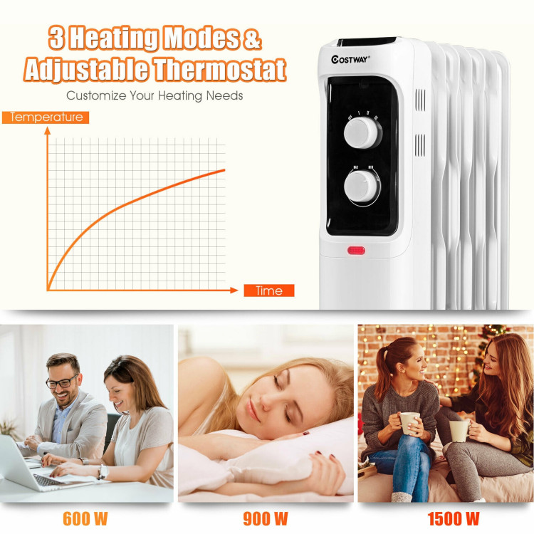 1500W Oil Filled Portable Radiator Space Heater with Adjustable Thermostat-WhiteCostway Gallery View 6 of 9