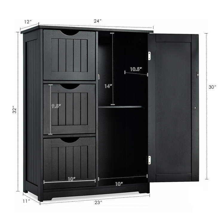 Bathroom Floor Cabinet Side Storage Cabinet with 3 Drawers and 1 Cupboard-BlackCostway Gallery View 4 of 12