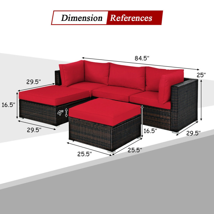 5 Pieces Patio Rattan Sofa Set with Cushion and Ottoman-RedCostway Gallery View 5 of 12