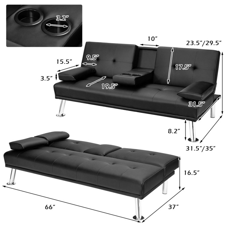 Convertible Folding Leather Futon Sofa with Cup Holders and Armrests-BlackCostway Gallery View 4 of 12