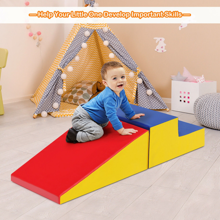 2 Pieces Soft Foam Indoor Toddler Climb Slide Activity Play Set-BlueCostway Gallery View 9 of 13