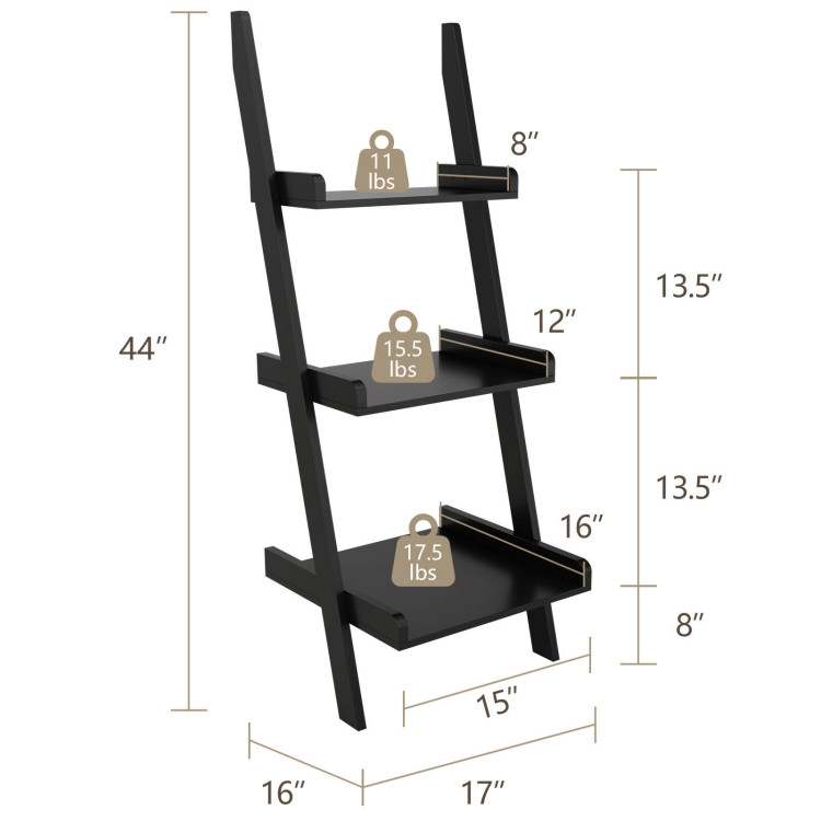 3.7 Ft 3-Tier Wooden Leaning Rack Wall Book Shelf Ladder-BlackCostway Gallery View 5 of 12