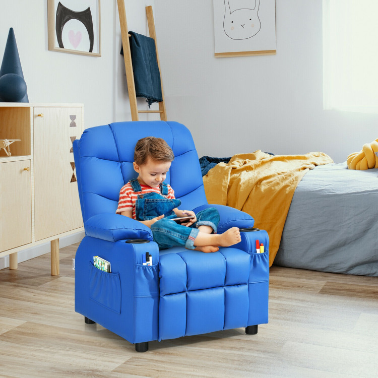 PU Leather Kids Recliner Chair with Cup Holders and Side Pockets-BlueCostway Gallery View 6 of 12