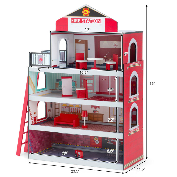 Wooden Fire Station Dollhouse Playset with Truck and HelicopterCostway Gallery View 4 of 10