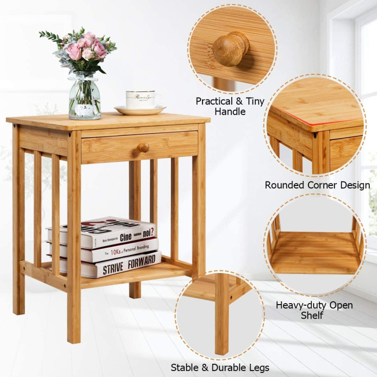 Multipurpose Bamboo End Table  with Drawer and Storage Shelf for Living Room-NaturalCostway Gallery View 8 of 9