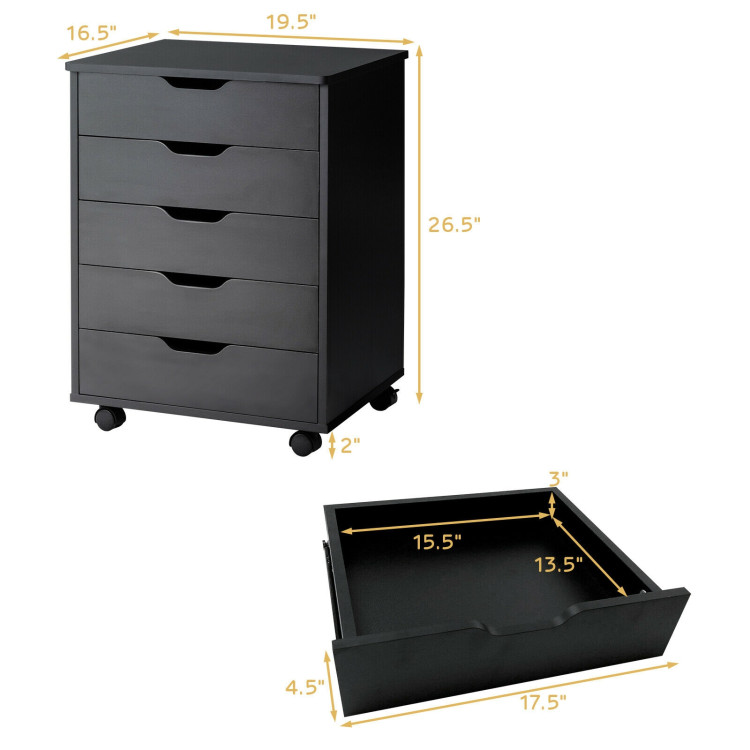 5 Drawer Mobile Lateral Filing Storage Home Office Floor Cabinet with Wheels-BlackCostway Gallery View 4 of 12