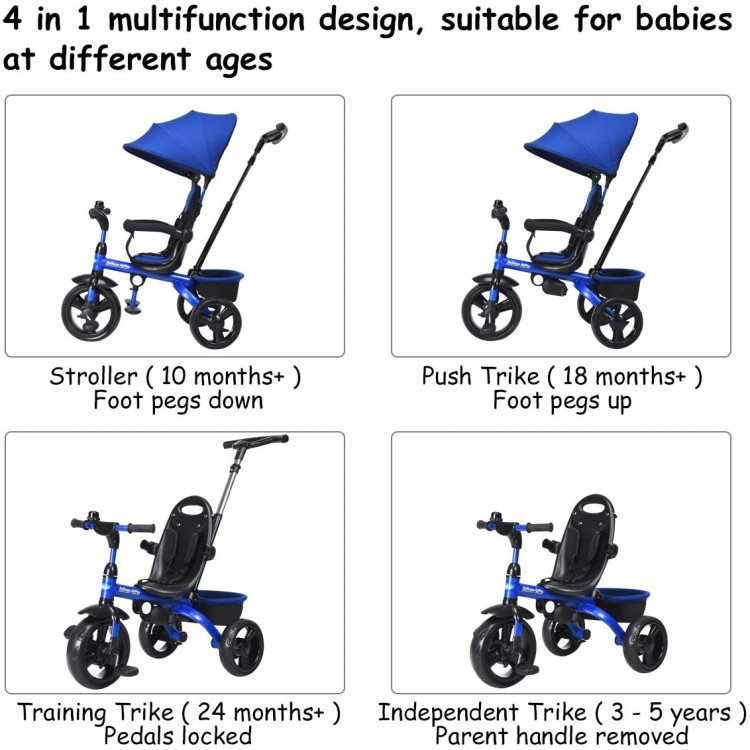4-in-1 Kids Tricycle with Adjustable Push Handle-BlueCostway Gallery View 5 of 9