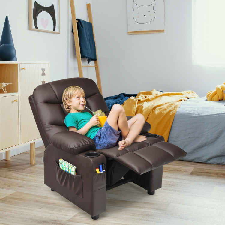 PU Leather Kids Recliner Chair with Cup Holders and Side Pockets-BrownCostway Gallery View 6 of 12