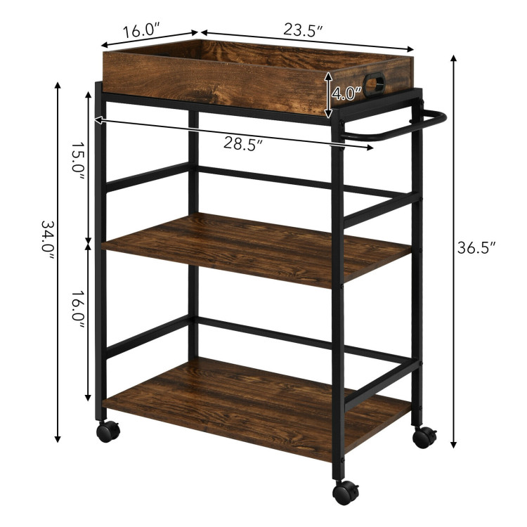 3-Tier Kitchen Serving Bar Cart with Lockable Casters and Handle Rack for Home Pub-Rustic BrownCostway Gallery View 5 of 13