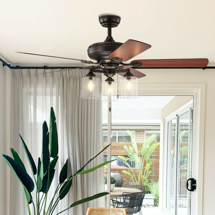 52 Inch Ceiling Fan Light with Pull Chain and 5 Bronze Finished Reversible BladesCostway Gallery View 7 of 12