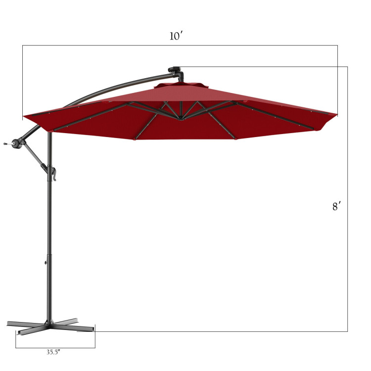 10 Feet Patio Hanging Solar LED Umbrella Sun Shade with Cross Base-Dark RedCostway Gallery View 4 of 11