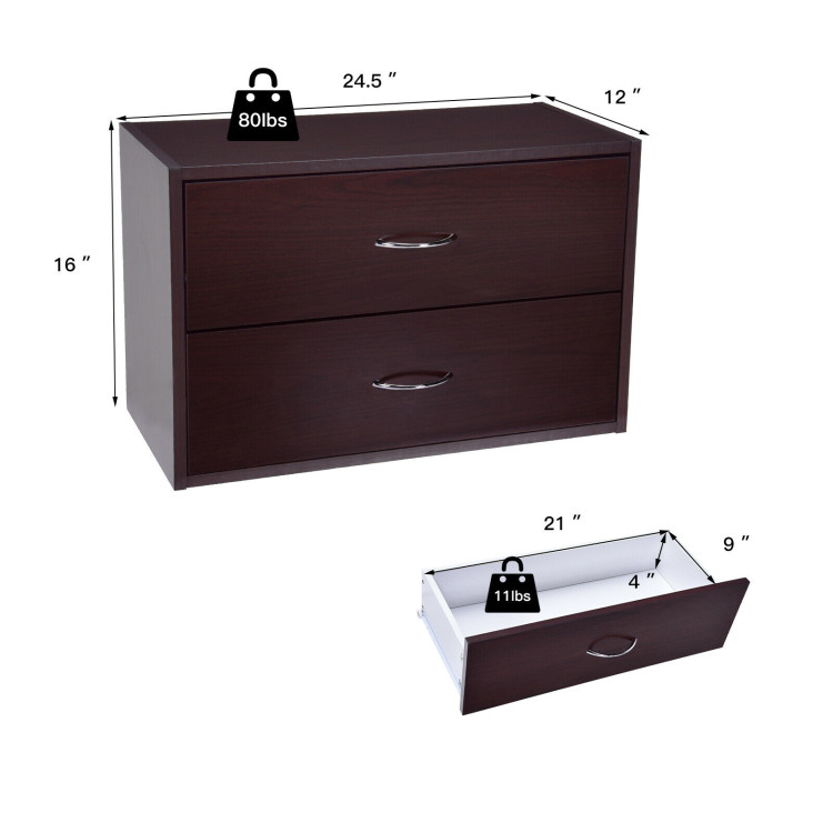 2-Drawer Dresser Horiztonal Organizer End Table Nightstand with Handle Wood-BrownCostway Gallery View 4 of 12