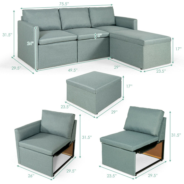 Convertible L-Shaped Sectional Sofa Couch with Reversible Chaise-GreenCostway Gallery View 5 of 12