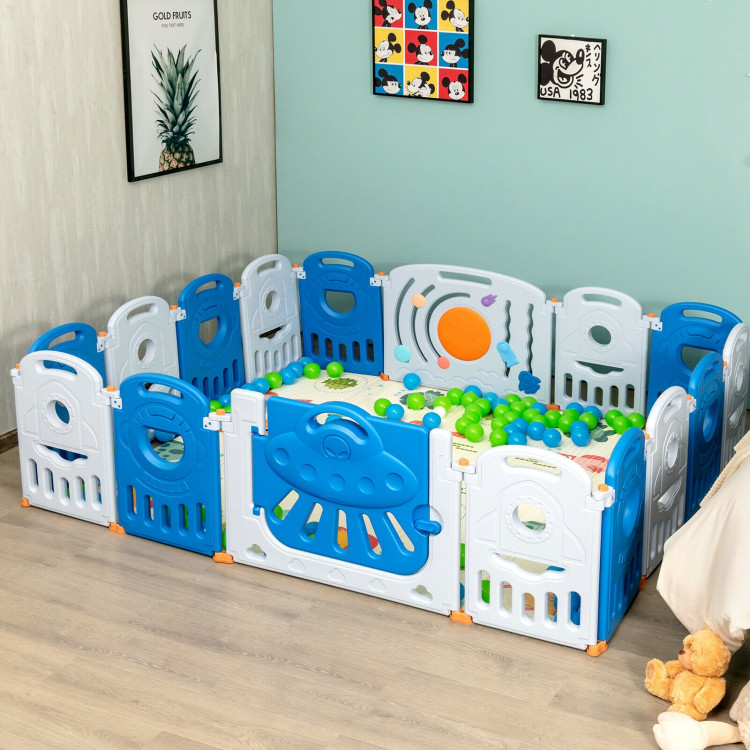 16-Panel Baby Playpen Safety Play Center with Lockable Gate-BlueCostway Gallery View 7 of 13