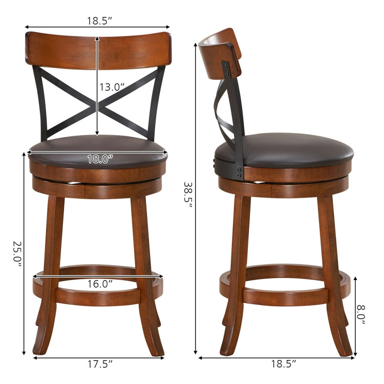 Set of 2 Bar Stools 360-Degree Swivel Dining Bar Chairs with Rubber Wood Legs-25 inchCostway Gallery View 4 of 12