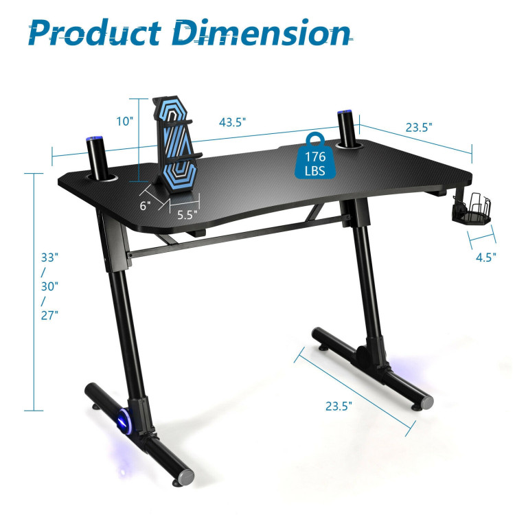 43.5 Inch Height Adjustable Gaming Desk with Blue LED LightsCostway Gallery View 5 of 12
