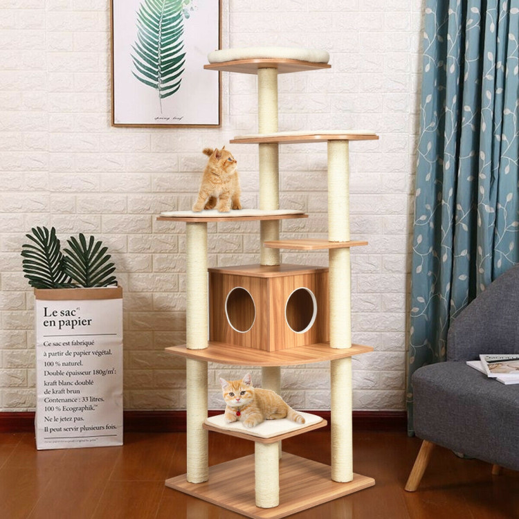 Wood Multi-Layer Platform Cat Tree with Scratch Resistant RopeCostway Gallery View 2 of 12