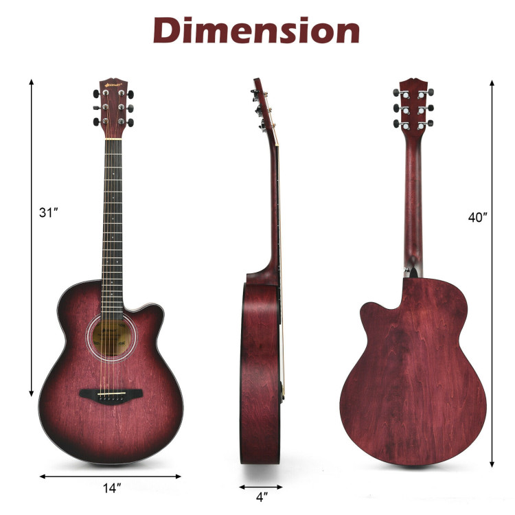 40 Inch Full Size Cutaway Acoustic Guitar Starter Guitarra Bundle Kit-RedCostway Gallery View 4 of 12