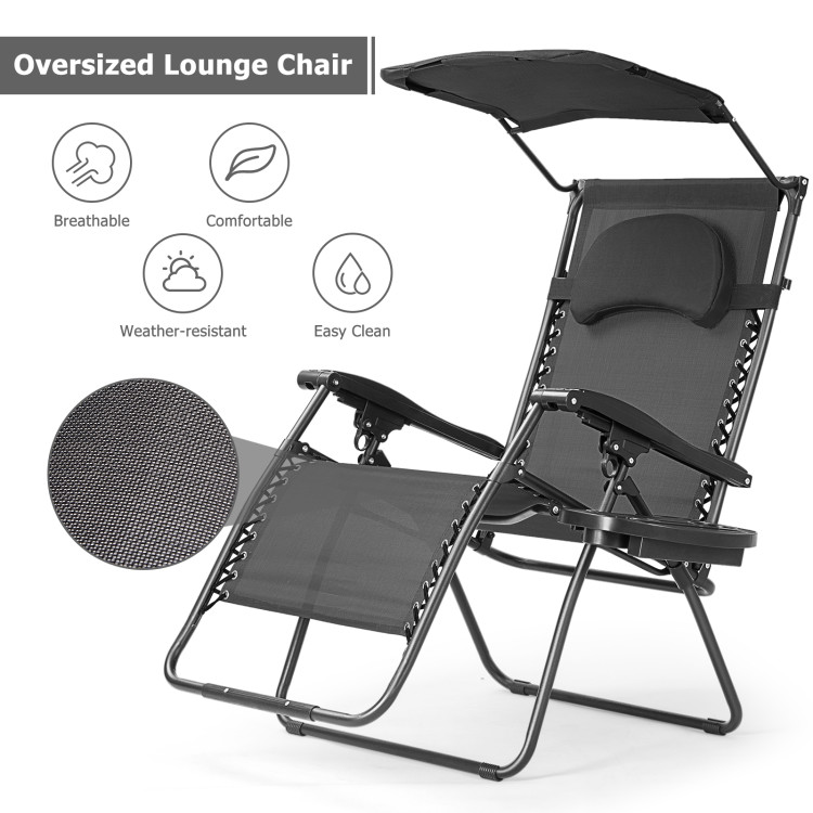 Folding Recliner Lounge Chair with Shade Canopy Cup Holder-BlackCostway Gallery View 5 of 10