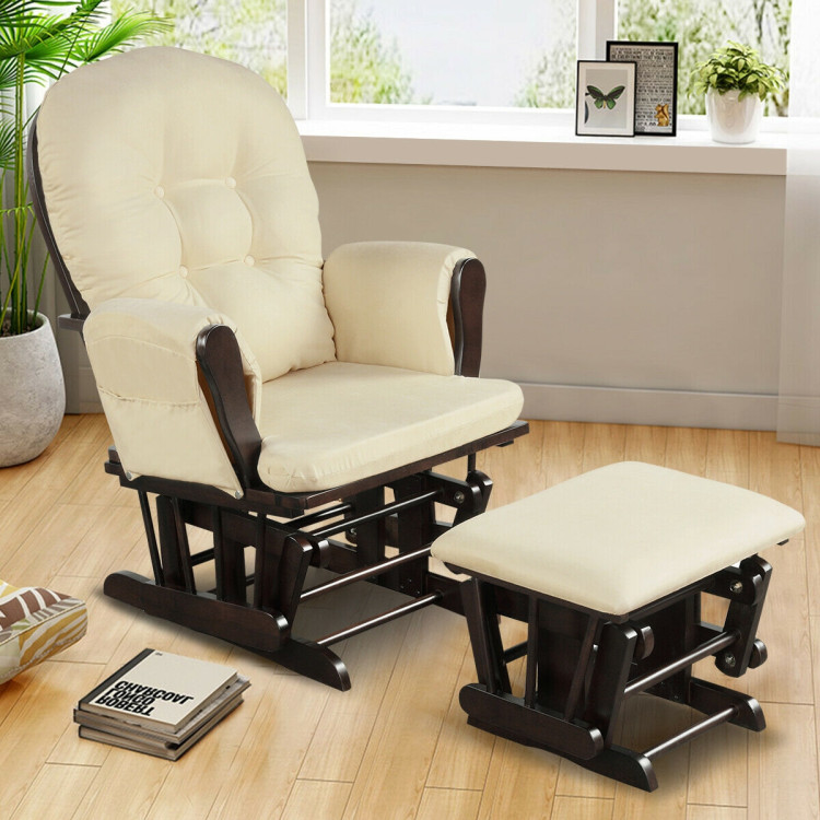 Wood Glider and Ottoman Set with Padded Armrests and Detachable Cushion-BeigeCostway Gallery View 7 of 12