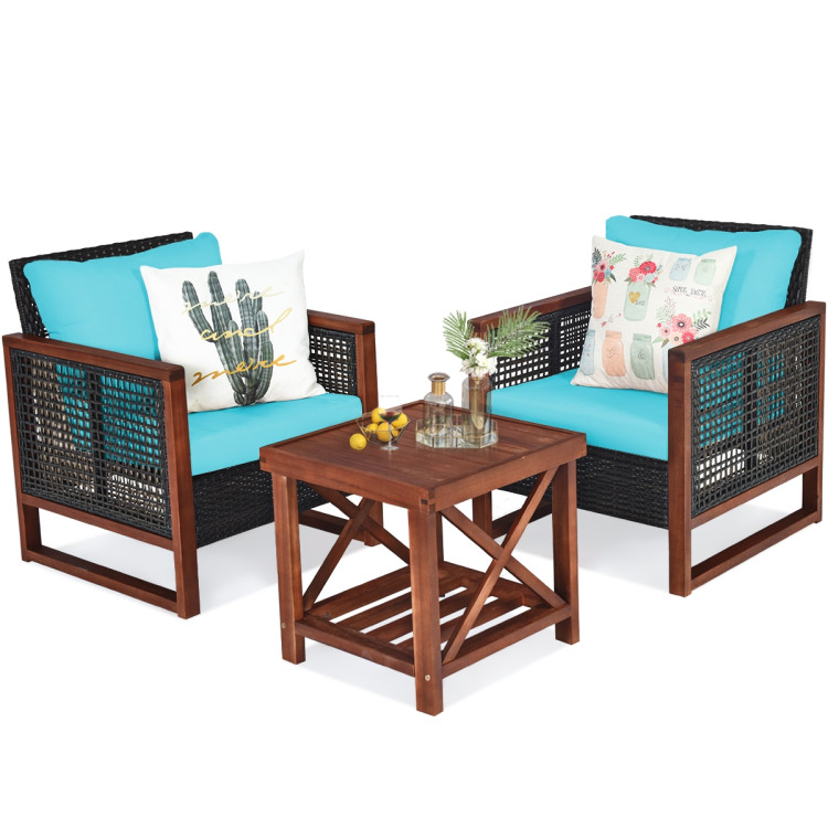 3 Pieces Patio Wicker Furniture Set with Washable Cushion and Acacia Wood Coffee Table-TurquoiseCostway Gallery View 9 of 12