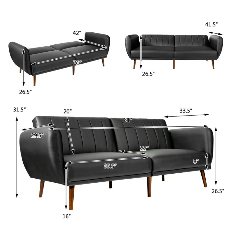 3 Seat Convertible Sofa Bed with Adjustable Backrest for Living Room-BlackCostway Gallery View 4 of 12