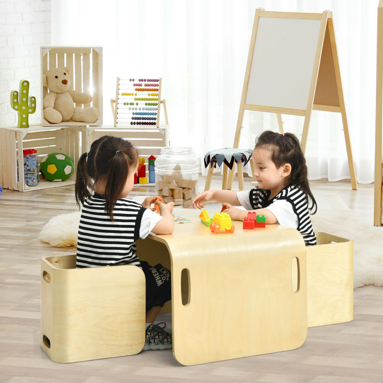 3 Pieces Kids Wooden Table and Chair Set Costway Gallery View 2 of 12